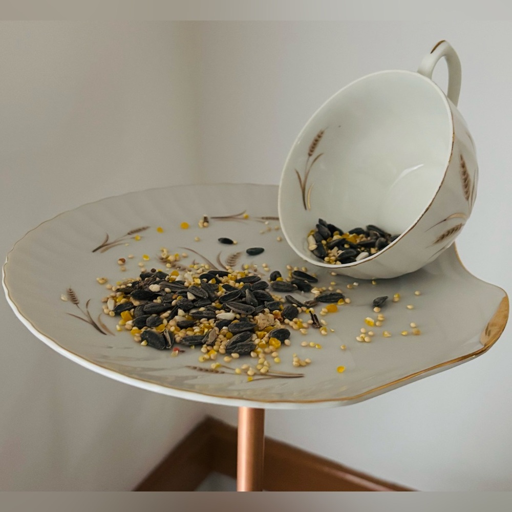Handmade Outdoor Vintage Bird feeder Teacup & Saucer w Copper Pipe Stand